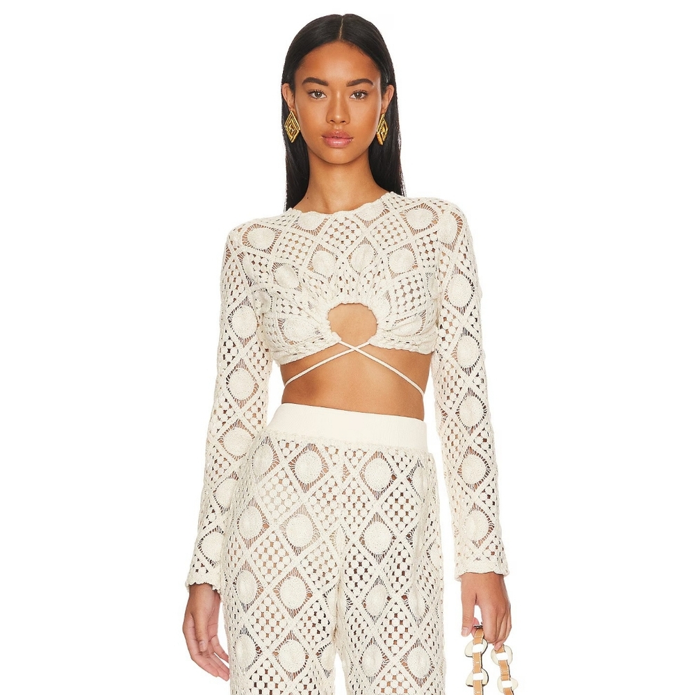 Andrea Iyamah Hira Crochet Cropped Top Cutout Tie Back Size Large Cream